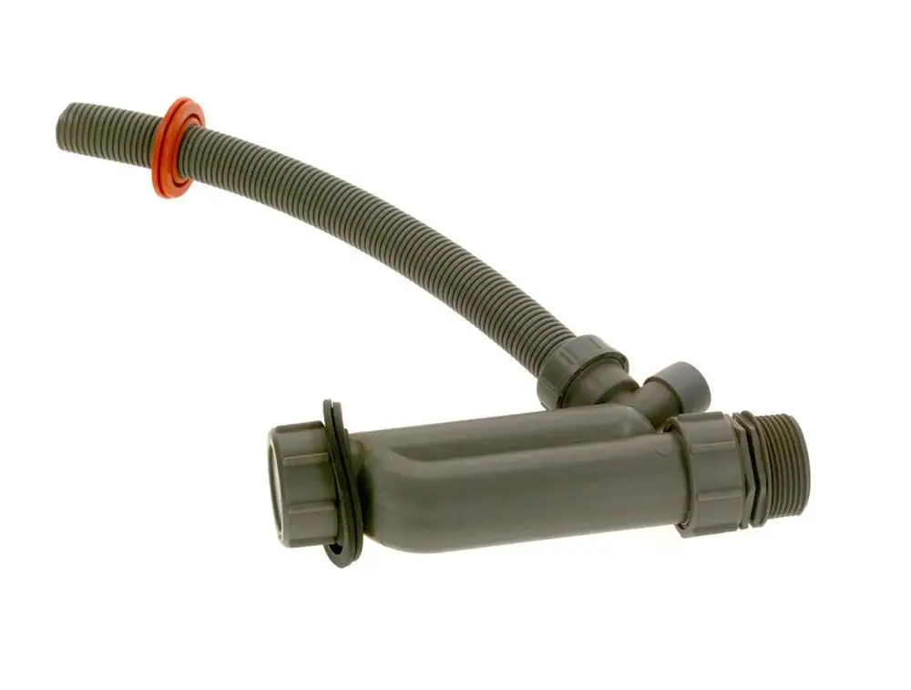 Grauer Syphon mit Schlauchanschluss und Dichtungen, geeignet für Abflussanlagen. Produkt von Bosch, verwendet zur Ableitung von Abwasser.